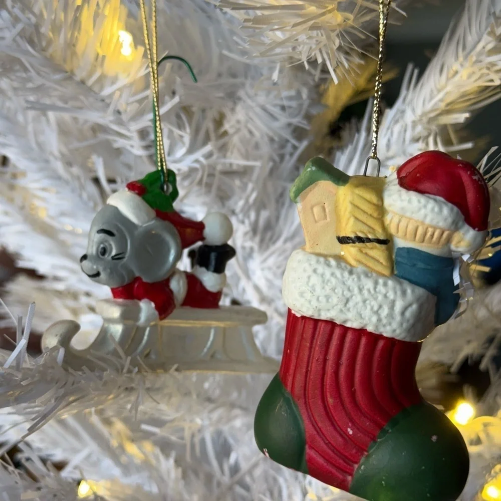 1985 Christmas Mouse Ornaments with Santa and Stocking